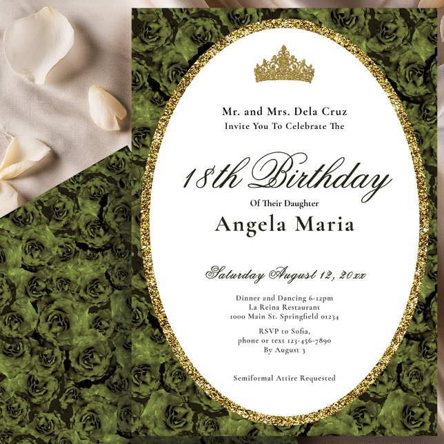 Convites Elegant Sage Green Rose Floral 18th Birthday Debut (Criador carregado)