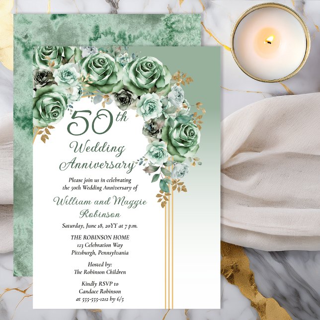 Convites Elegant Sage Green Rose Floral 50th Anniversary (Elegant Sage Green Rose Floral 50th Anniversary Invitation - Print | Digital Download)