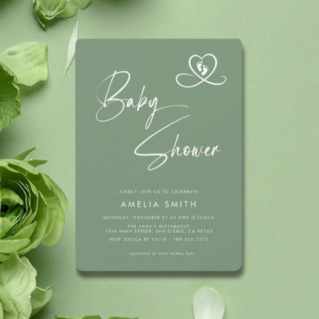 Convites Elegant Sage Green Script Baby Shower (Criador carregado)