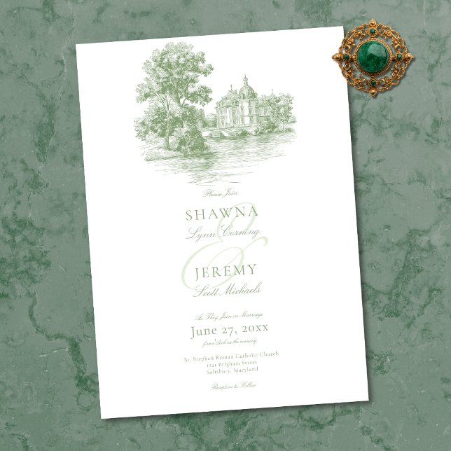 Convites Elegant Sage Green Toile French Manor Wedding (Elegant Sage Green Toile French Manor Wedding Invitation)