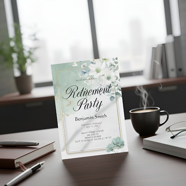 Convites Elegant Sage Green Watercolor Floral Retirement Pa (Criador carregado)