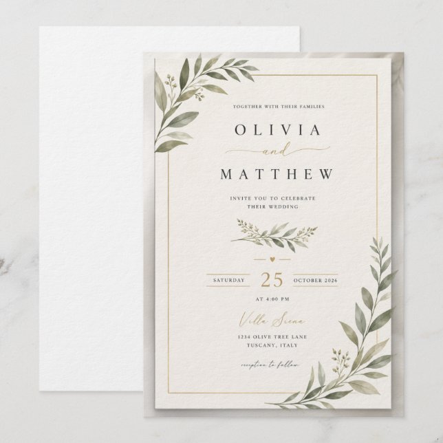 Convites Elegant Sage Green Wedding Invitation | Minimalist (Frente/Verso)