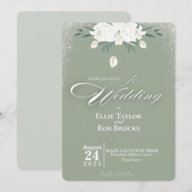 Convites Elegant Sage Green White Floral Wedding Invitation (Frente/Verso)