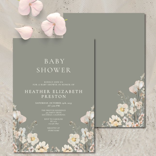 Convites Elegant Sage Green Wildflower Baby Shower  (Criador carregado)