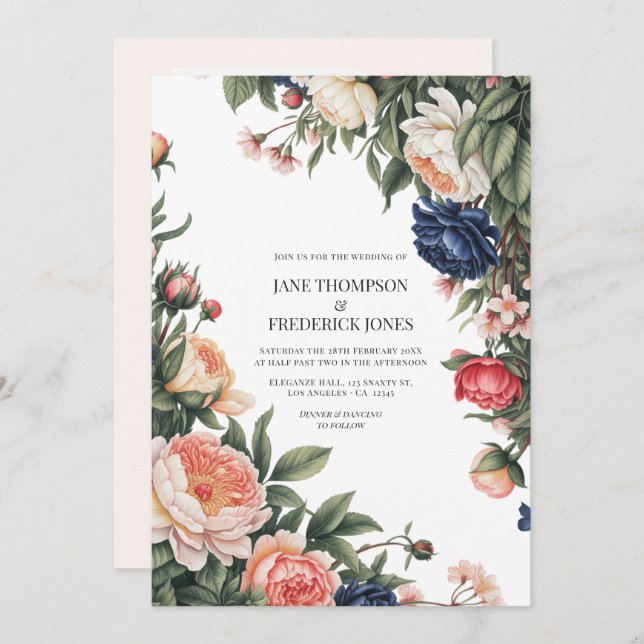 Convites Elegant Sage, Navy & Peach Floral Wedding QR Code (Frente/Verso)