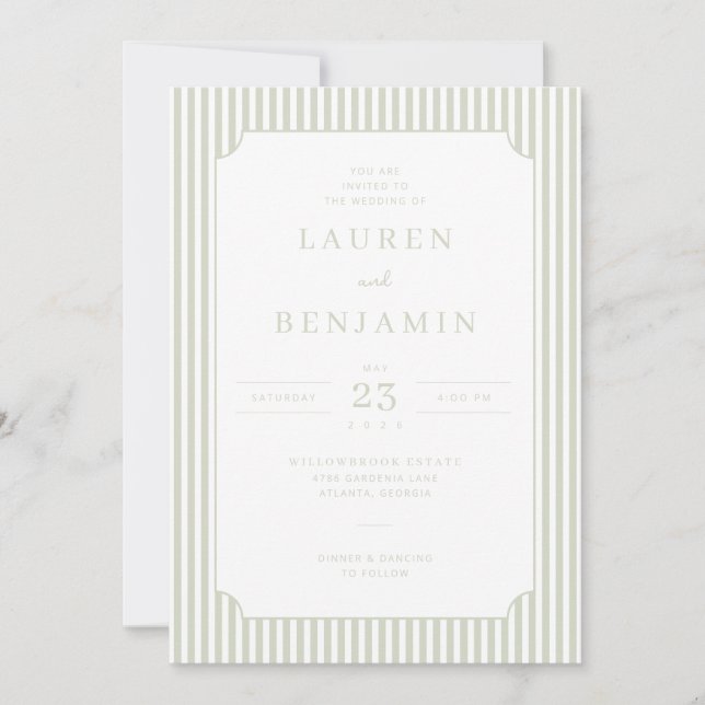 Convites Elegant Sage Striped Wedding Invitation (Frente)