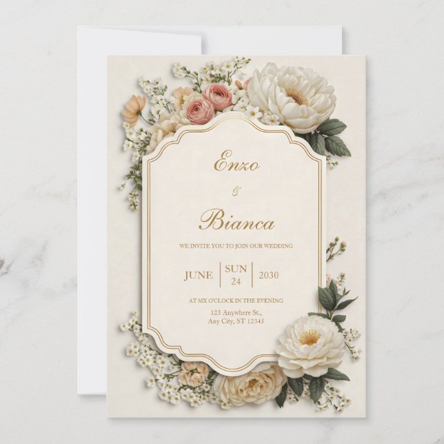 Convites Elegant Scalloped Blush Peony Floral Wedding (Frente)