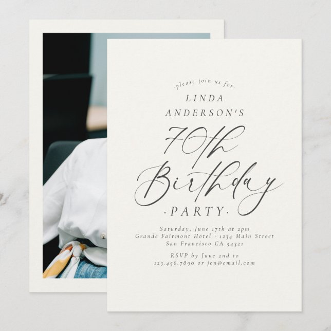Convites Elegant Script 70th Birthday Party Photo (Frente/Verso)