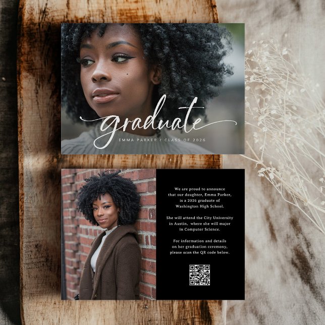 Convites Elegant Script and Black Photo QR Code Grad Party (Criador carregado)