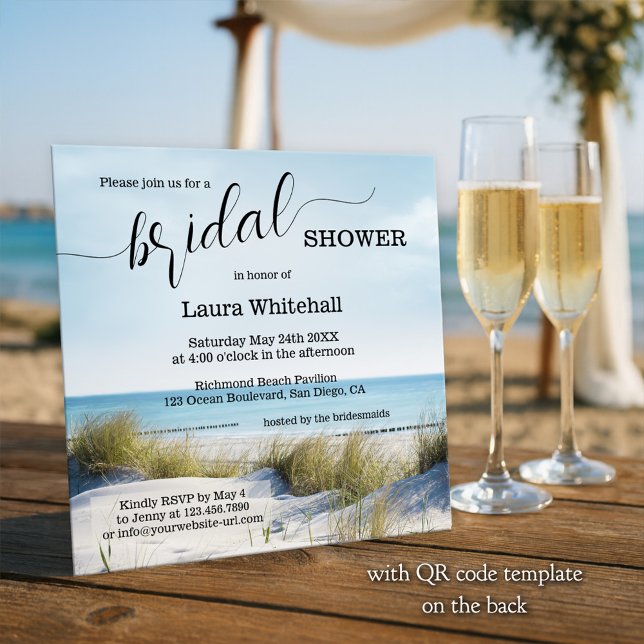 Convites Elegant Script Beach Bridal Shower (Beach bridal shower invitation showing a view from the dunes over the ocean - with QR code template)