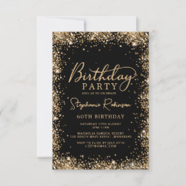 Convites Elegant Script Black Gold Glitter 60th Birthday