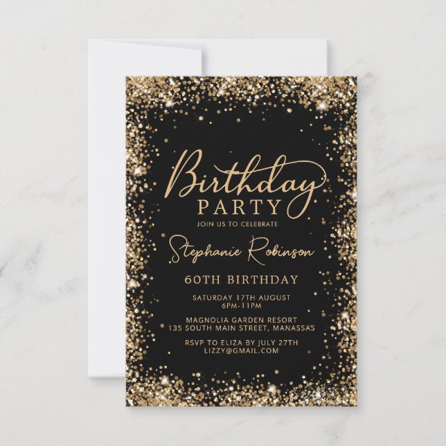Convites Elegant Script Black Gold Glitter 60th Birthday (Frente)