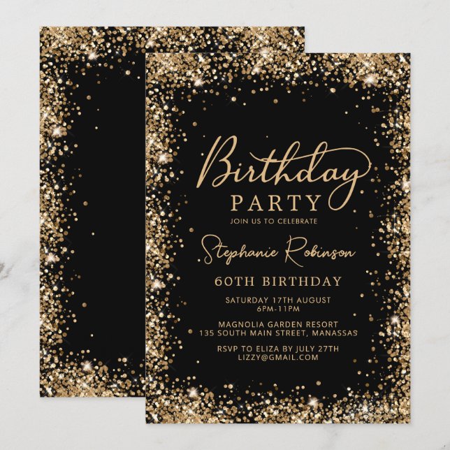Convites Elegant Script Black Gold Glitter 60th Birthday  (Frente/Verso)