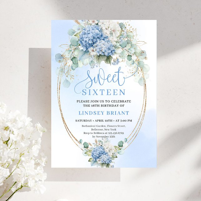 Convites Elegant Script Blue Hydrangea Gold Sweet Sixteen (Elegant Script Blue Hydrangea Gold Sweet Sixteen)