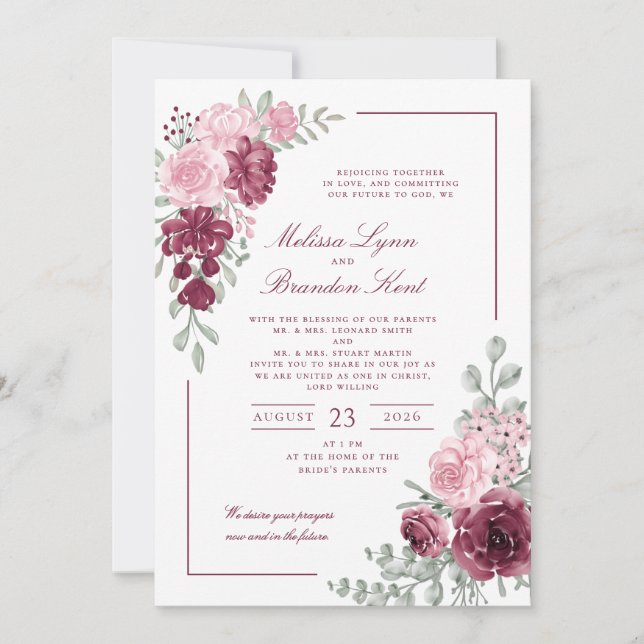 Convites Elegant Script Burgundy Floral Watercolor Wedding (Frente)