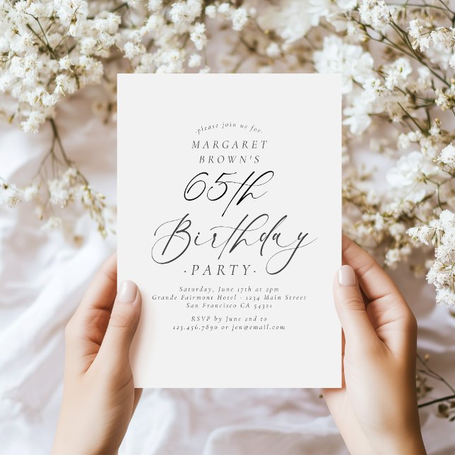 Convites Elegant Script Calligraphy 65th Birthday Party (Criador carregado)