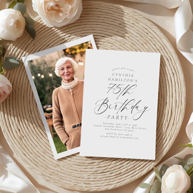 Convites Elegant Script Calligraphy 75th Birthday Photo  (Criador carregado)