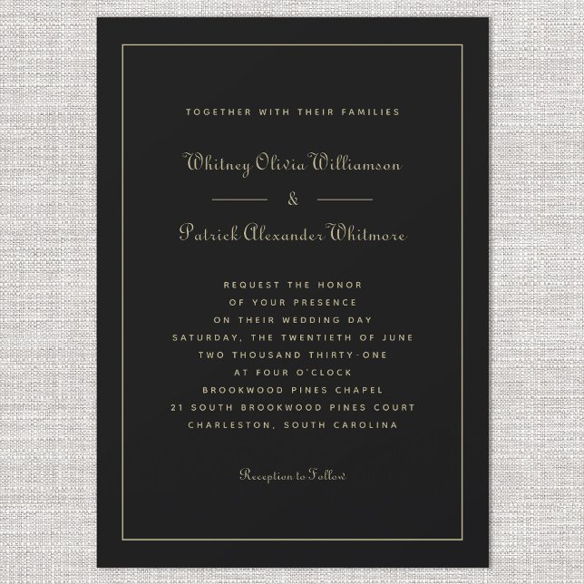 Convites Elegant Script Clássico Preto Dourado Casamentos F (Elegant Script Classic Black Gold Formal Weddings Invitation)