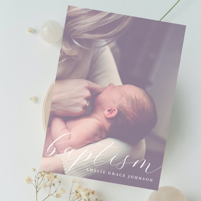 Convites Elegant Script Hazy Photo Simple Baptism (Criador carregado)