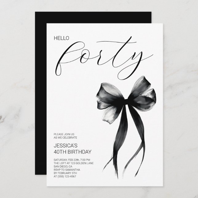 Convites Elegant Script Hello Forty Bow 40th Birthday Party (Frente/Verso)