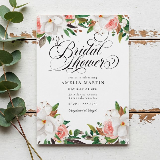 Convites Elegant Script Pink White Floral Bridal Shower (Criador carregado)