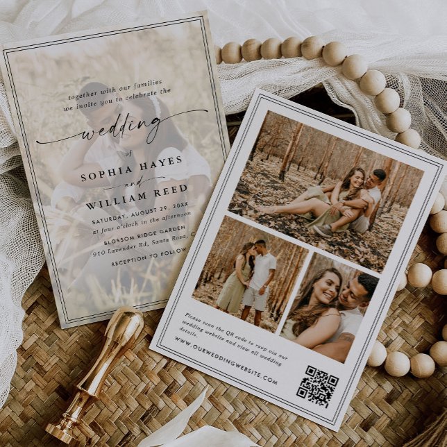 Convites Elegant Script QR Code Photo Wedding (Criador carregado)