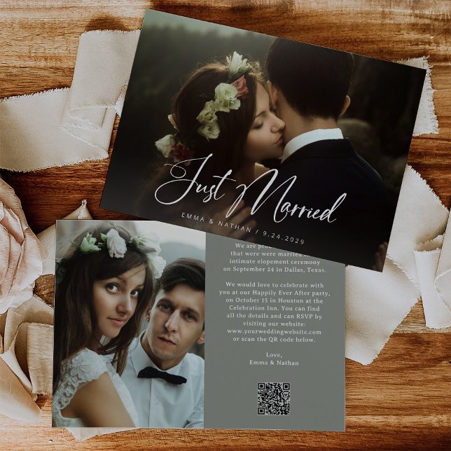 Convites Elegant Script Sage Green | QR Code Just Married (Criador carregado)