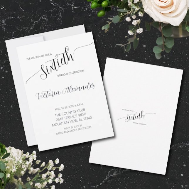 Convites Elegant Script Sixtieth Birthday Celebration (Elegant Minimal Black White Birthday Invitation)