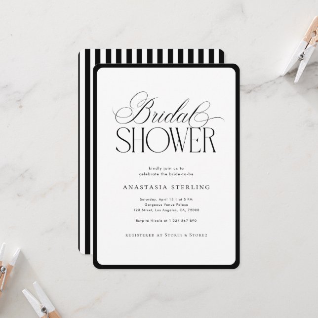 Convites Elegant Script Stripes Black & White Bridal Shower (Frente/Verso In Situ)