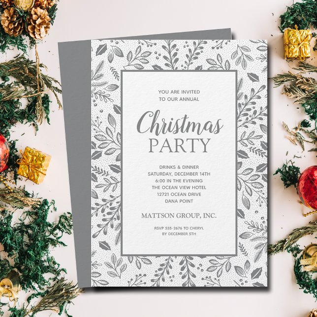 Convites Elegant Silver Botanicals Christmas Party (Silver (non-metallic) botanicals Christmas party invitations, PRINTED and/or INSTANT DOWNLOAD)