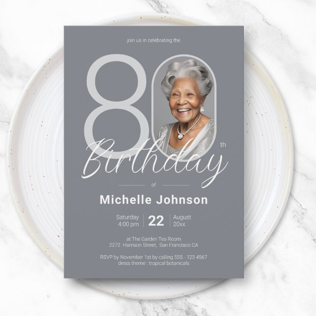 Convites Elegant Silver Custom Photo 80th Birthday (Elegant Silver Custom Photo 80th Birthday Invitation)