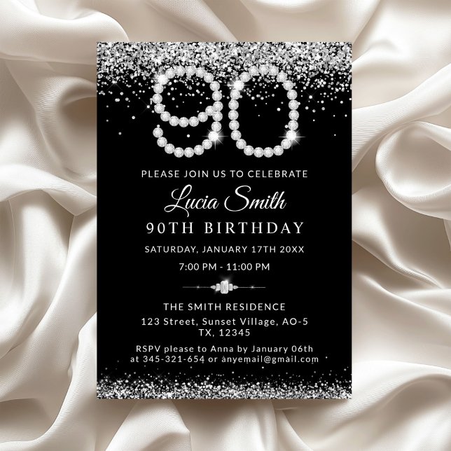 Convites Elegant Silver Diamonds 90th Birthday Party (Elegant Diamonds 90th Birthday Invitation)