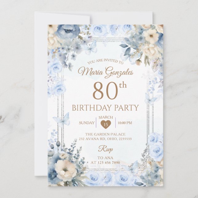 Convites Elegant Silver & Dusty Blue Roses 80th Birthday (Frente)