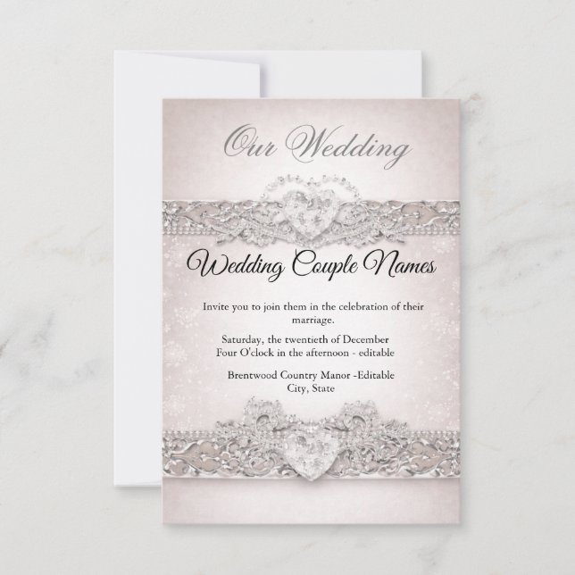 Convites Elegant Silver Heart Wedding Invitations (Frente)