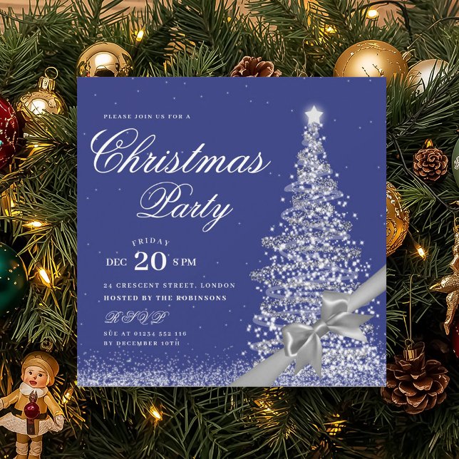 Convites Elegant Silver Navy Winter Christmas Tree Bow  (Elegant Silver Winter Christmas Tree Bow Invitation)