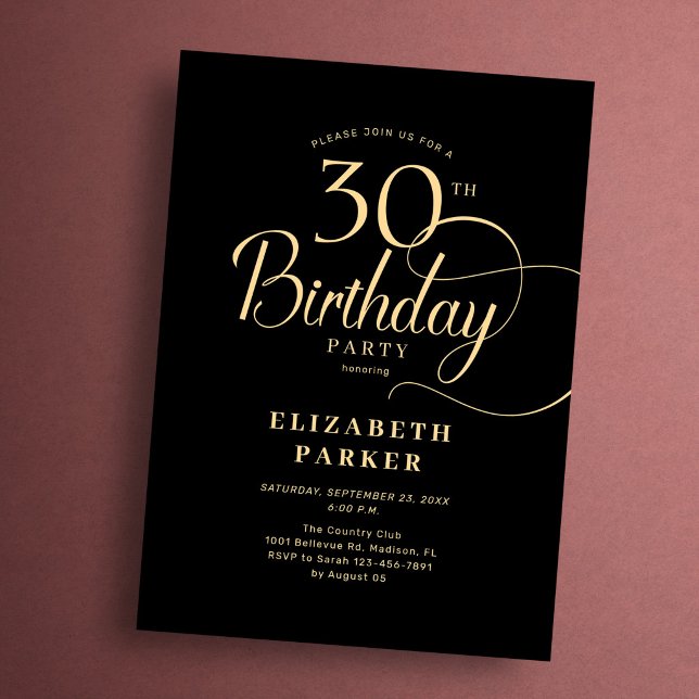 Convites Elegant Simple Black Gold Script 30th Birthday (Criador carregado)
