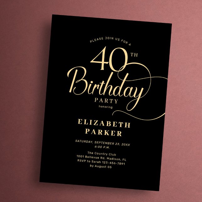 Convites Elegant Simple Black Gold Script 40th Birthday (Criador carregado)