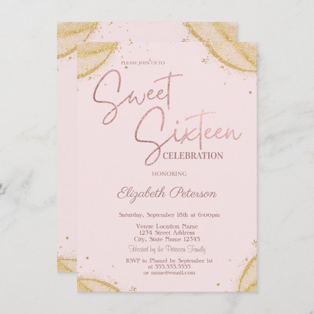 Convites Elegant Simple Gold Glitter Corners Sweet 16   (Frente/Verso)