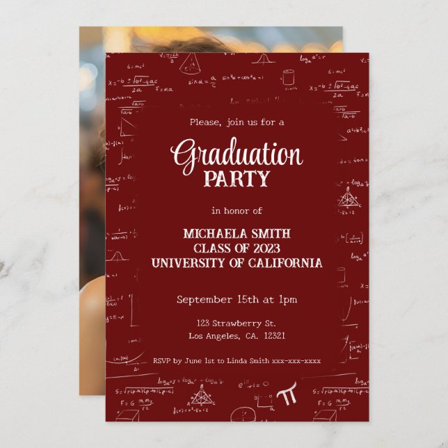 Convites Elegant Simple Maroon Photo Math Graduation (Frente/Verso)
