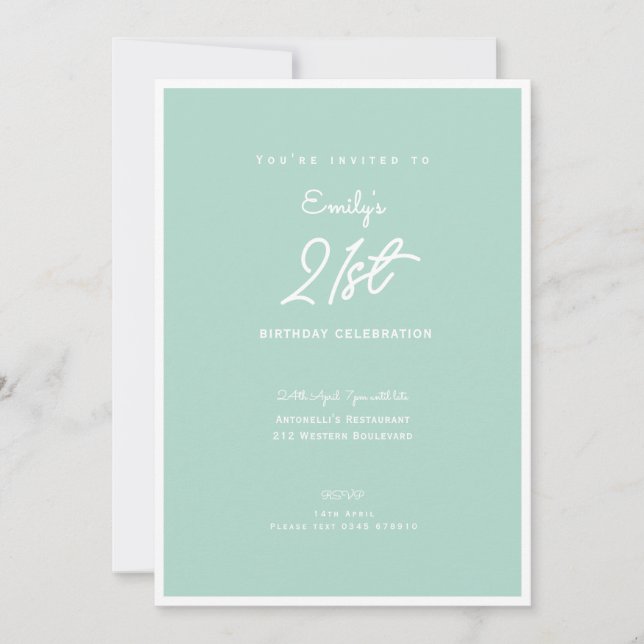 Convites Elegant Simple Mint Modern 21st Birthday Party (Frente)