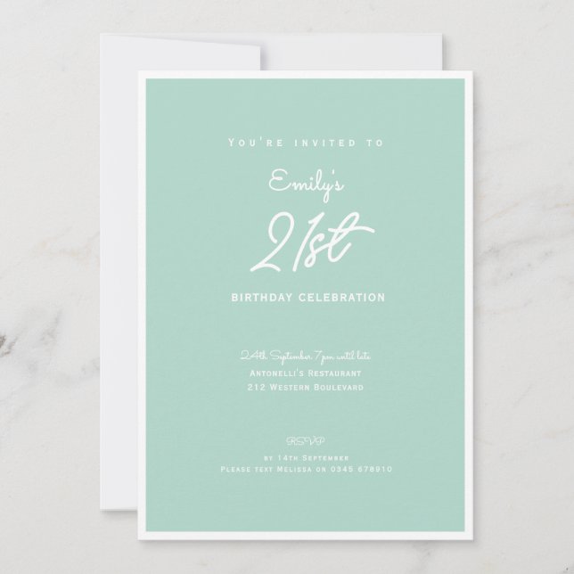 Convites Elegant Simple Modern Mint 21st Birthday Party (Frente)
