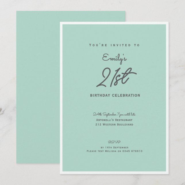 Convites Elegant Simple Modern Mint 21st Birthday Party (Frente/Verso)