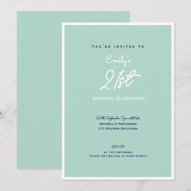 Convites Elegant Simple Modern Mint 21st Birthday Party (Frente/Verso)