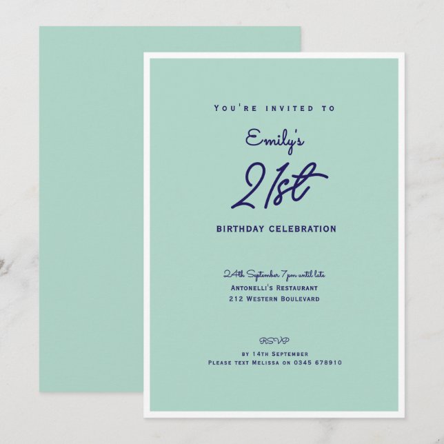 Convites Elegant Simple Modern Mint 21st Birthday Party (Frente/Verso)