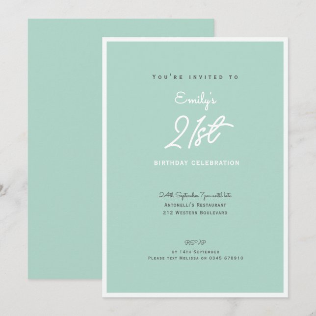 Convites Elegant Simple Modern Mint 21st Birthday Party (Frente/Verso)