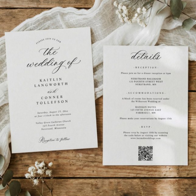 Convites Elegant Simple Old Money All in One Wedding (Classic black and white all in one wedding invitation with details and QR code on back)