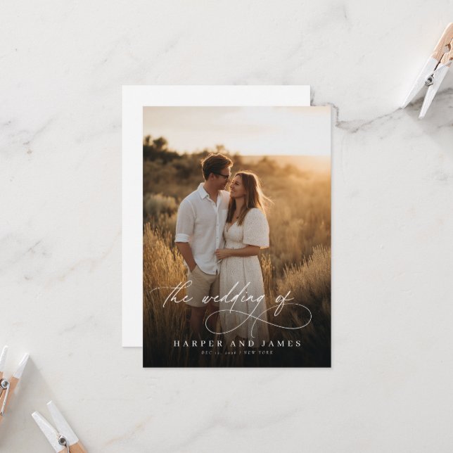 Convites Elegant Simple Script QR Code Photo Budget Wedding (Frente/Verso In Situ)