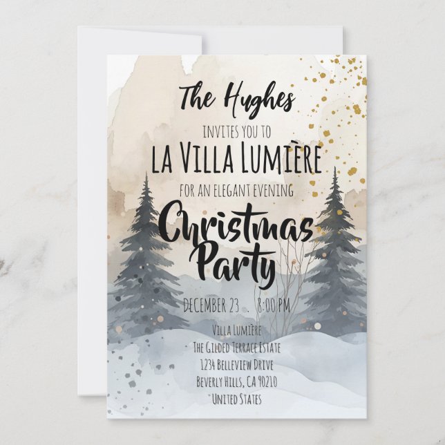 Convites Elegant Snowy Hill Pine Winter Christmas Party  (Frente)