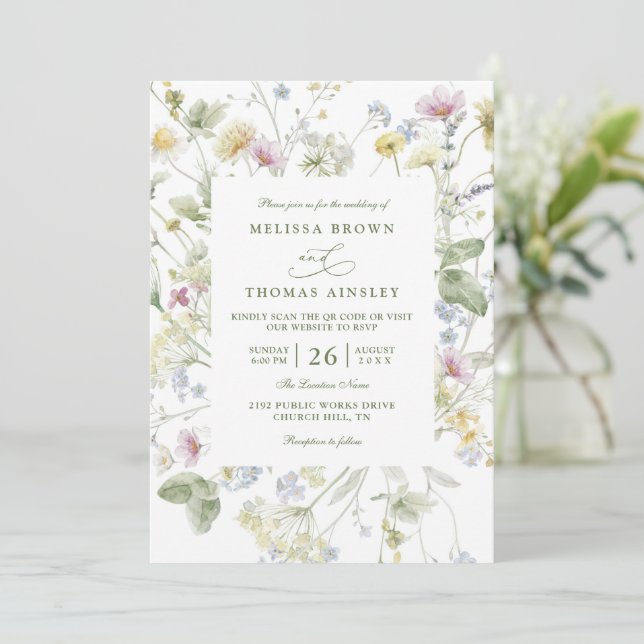 Convites Elegant Soft Pastel Wildflower QR Code Wedding (Em pé/Frente)