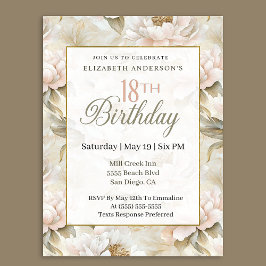 Convites Elegant Soft Pink Ivory Peony 18th Birthday